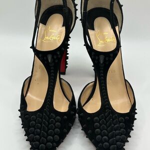 Christian Louboutin Goldostrap 100 Black Suede Spiked Heels - 36.5